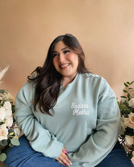 BADASS MOTHA - UNISEX DUSTY BLUE FLEECE CREW SWEATSHIRT