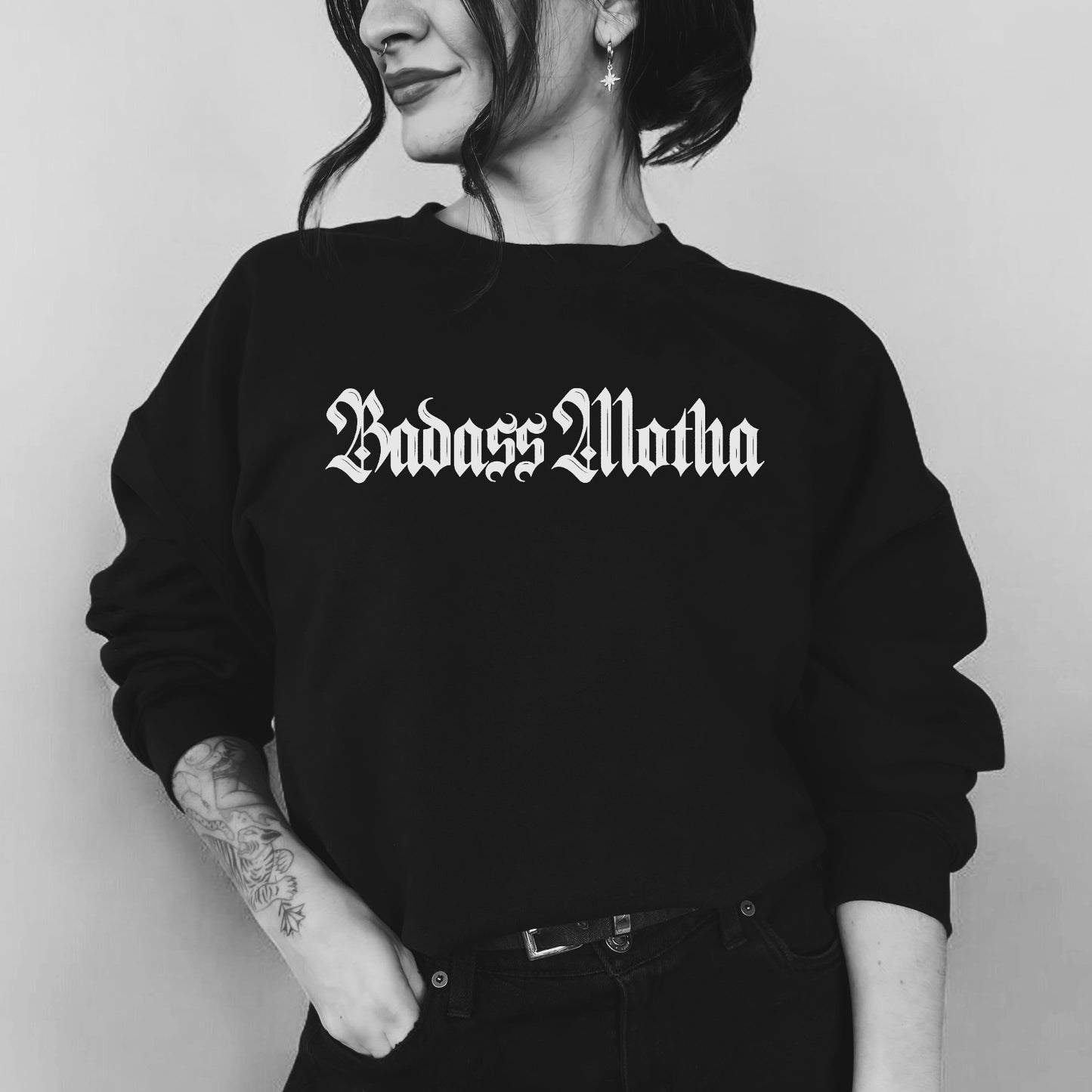 BADASS MOTHA (OLD ENGLISH) - UNISEX BLACK CREW