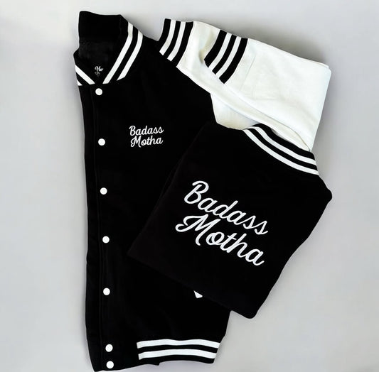 BADASS MOTHA - UNISEX EMBROIDERED VARSITY JACKET (PRE ORDER)