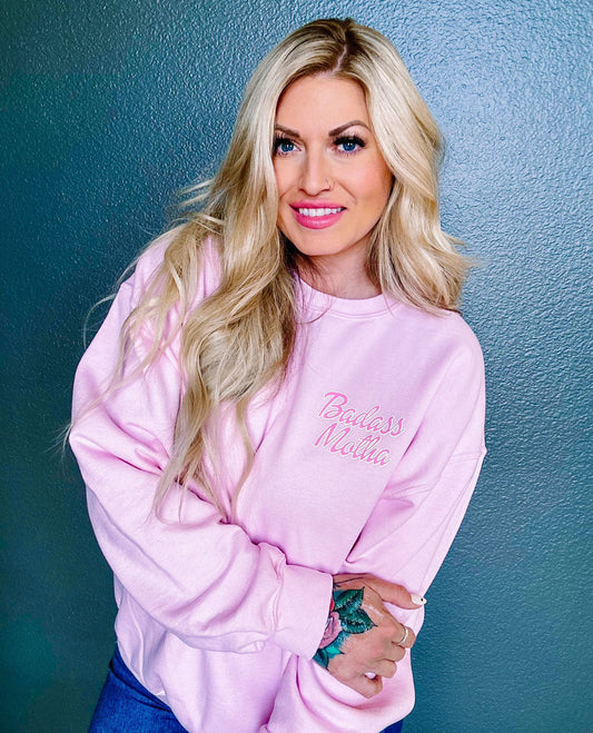 BADASS MOTHA VDAY - UNISEX PINK CREW SWEATSHIRT