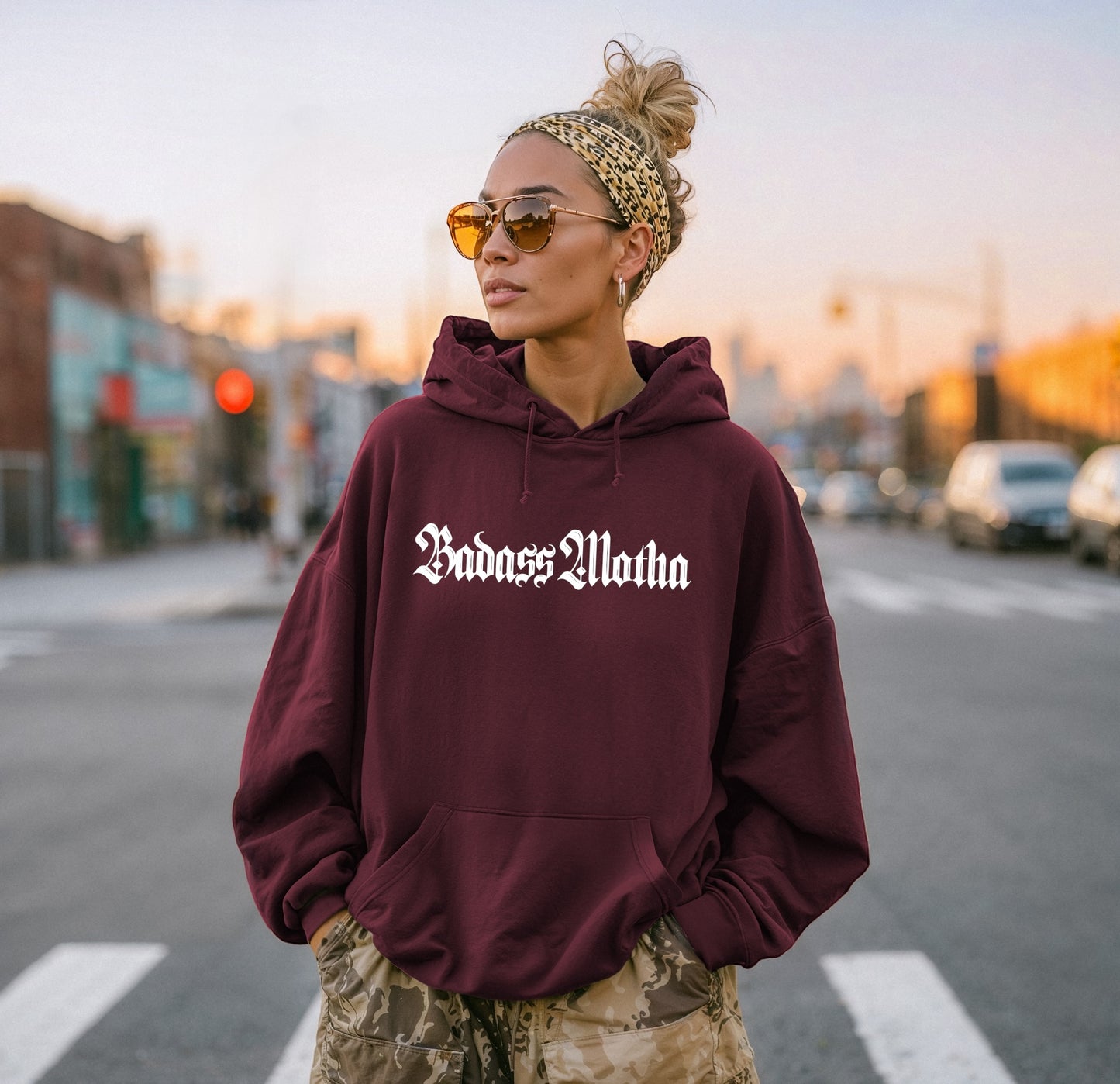 BADASS MOTHA (OLD ENGLISH) - UNISEX MAROON HOODIE