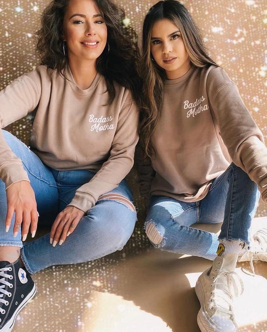 BADASS MOTHA - UNISEX TAN FLEECE CREW SWEATSHIRT