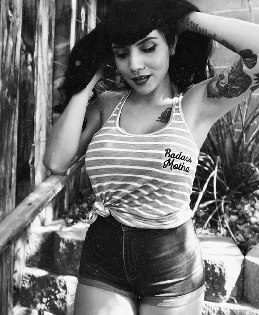 BADASS MOTHA - WOMEN'S STRIPED FLOWY RACERBACK TANK